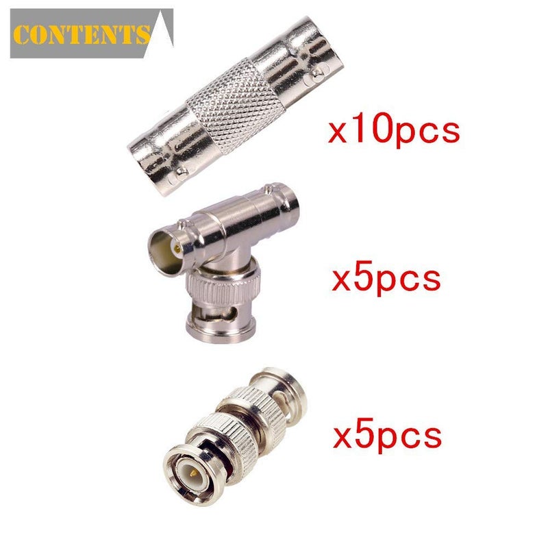 BeElion 20-Pack BNC Connector Kit - 5 M/M, 10 F/F, 5 T-Type Adapters - 75 Ohm Nickel-Plated Brass for CCTV Surveillance Cables, Satellite TV & Antenna Systems - Easy Tool-Free Installation - Image 3
